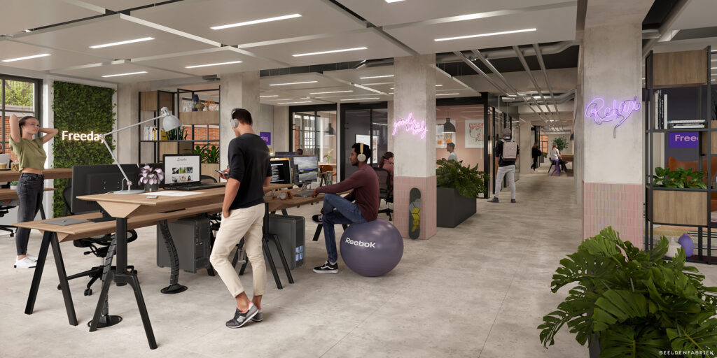 Modern open-plan office space with people working and relaxing in a stylish, plant-filled environment on Nieuwe Looiersstraat.